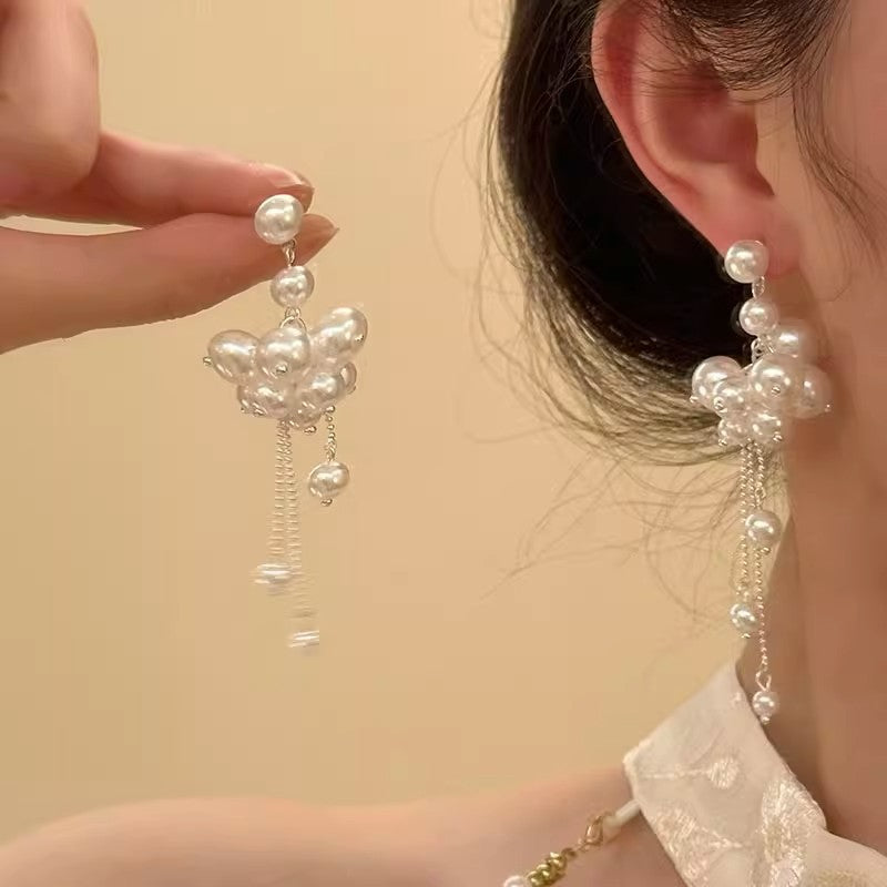 Korean Style Long Fringed Pearl Sier Needle Graceful Rings