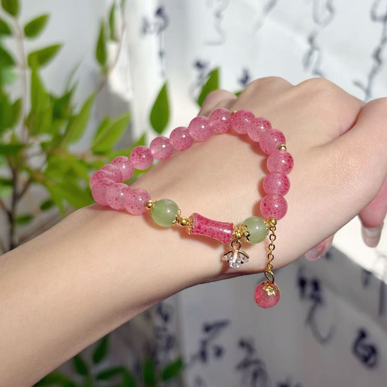 Pink Beaded Sweet Temperament White Bow Bracelets