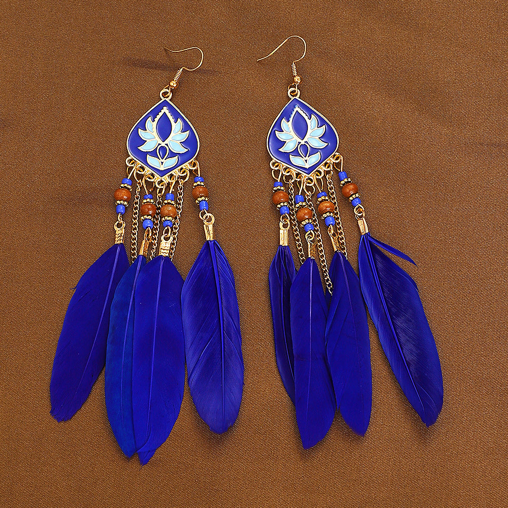 Semicircle Feather Popular Long Bead Chain Tassel Ethnic Rings