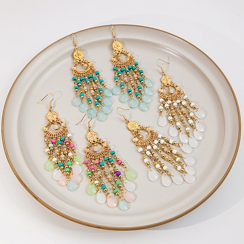 Bead Retro Ethnic Style Colorful Water Drop Tassel Hollow Earrings