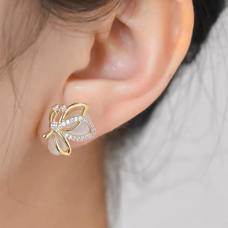Women's Sier Needle Butterfly Opal Stone Ear Stud Earrings