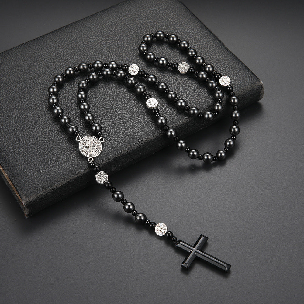 Men's Black Volcanic Rock Haematite Alloy Benedict Religious Necklaces