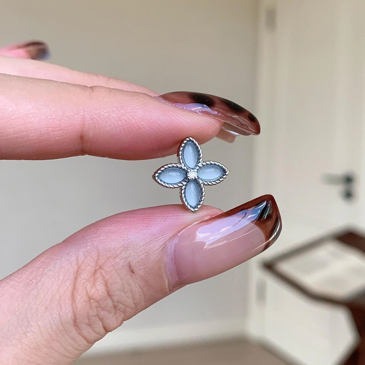 Clear Summer Gray Blue Four Leaf Clover Ear Female Atmosphere Rings