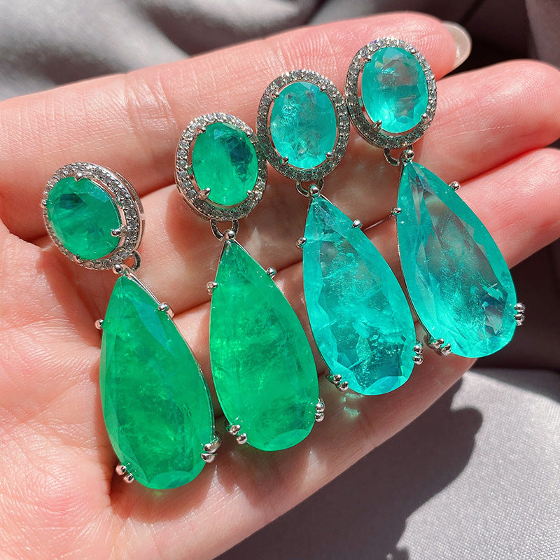 Women's Retro Large Water Drop Artificial Emerald Bar Earrings