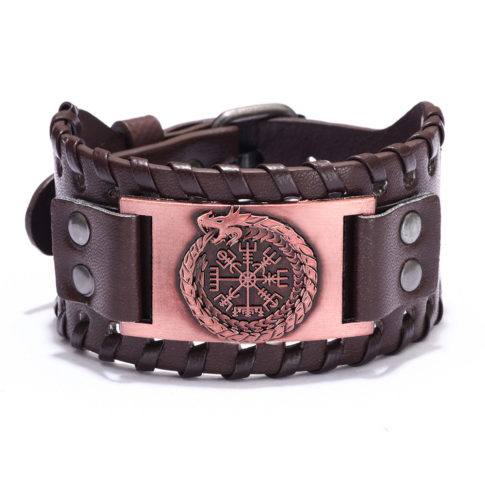 Leather Chinese Dragon Vintage Compass Pirate Bracelet