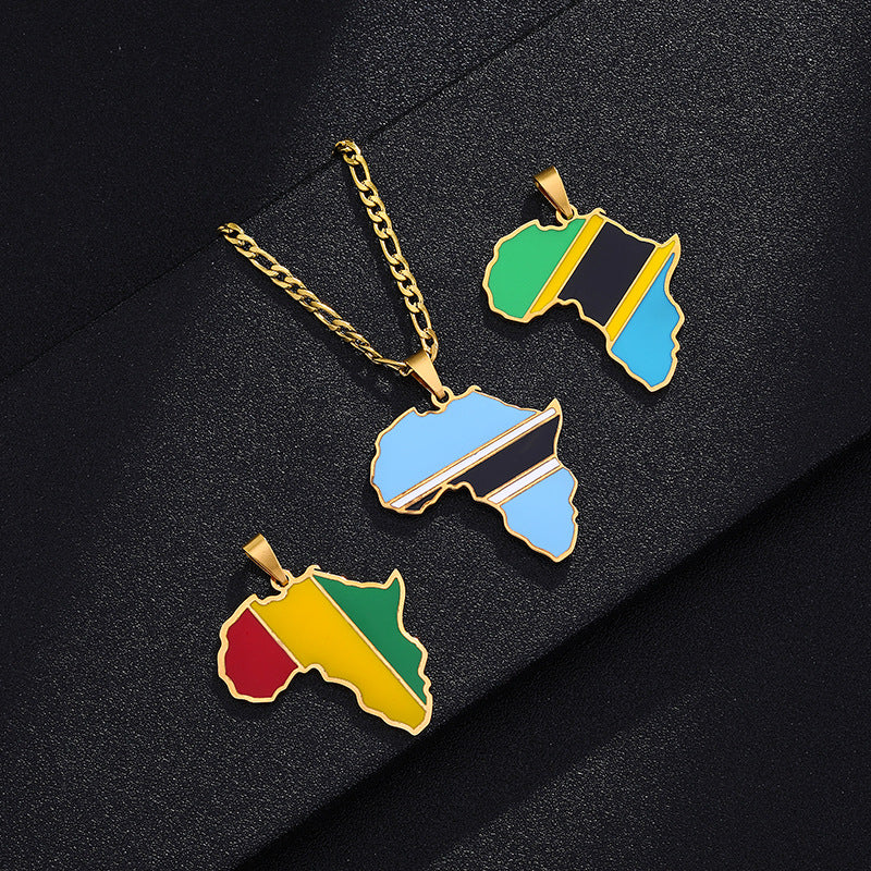 African Drip Oil Stainless Steel Map Geometric Necklace