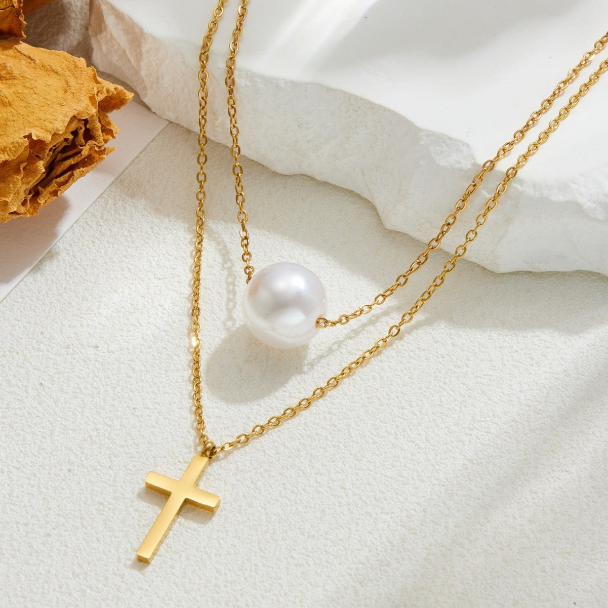 Clavicle Chain Cross Pearl Design Simple Necklace