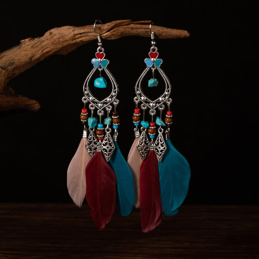 Women's Bohemian Feather Irregular Natural Stone Retro Earrings