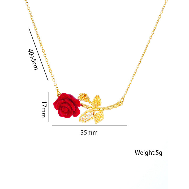 Romantic Red Roses Titanium Steel Female Wine Temperament Micro Inlaid Necklace
