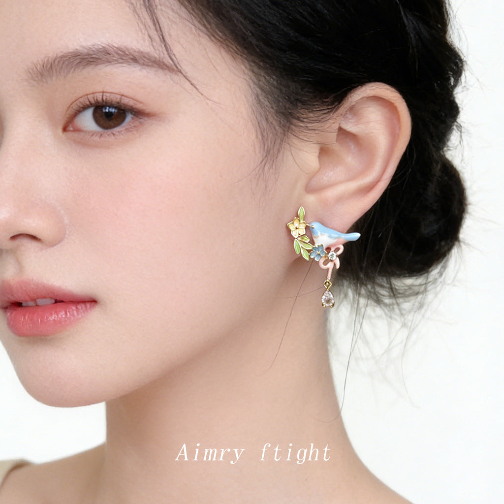 Glazed Flying Bird Collection Micro Inlaid Zircon Sier Needle Fresh Earrings