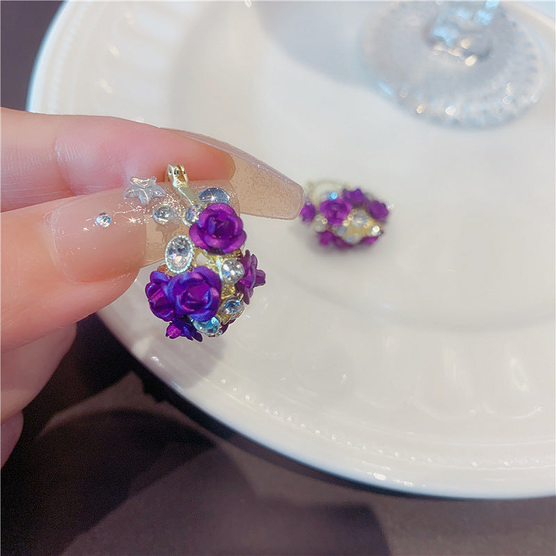 Women's Design Rose Flower Basket Ear Clip Stylish Simple Versatile Refined Stud Earrings