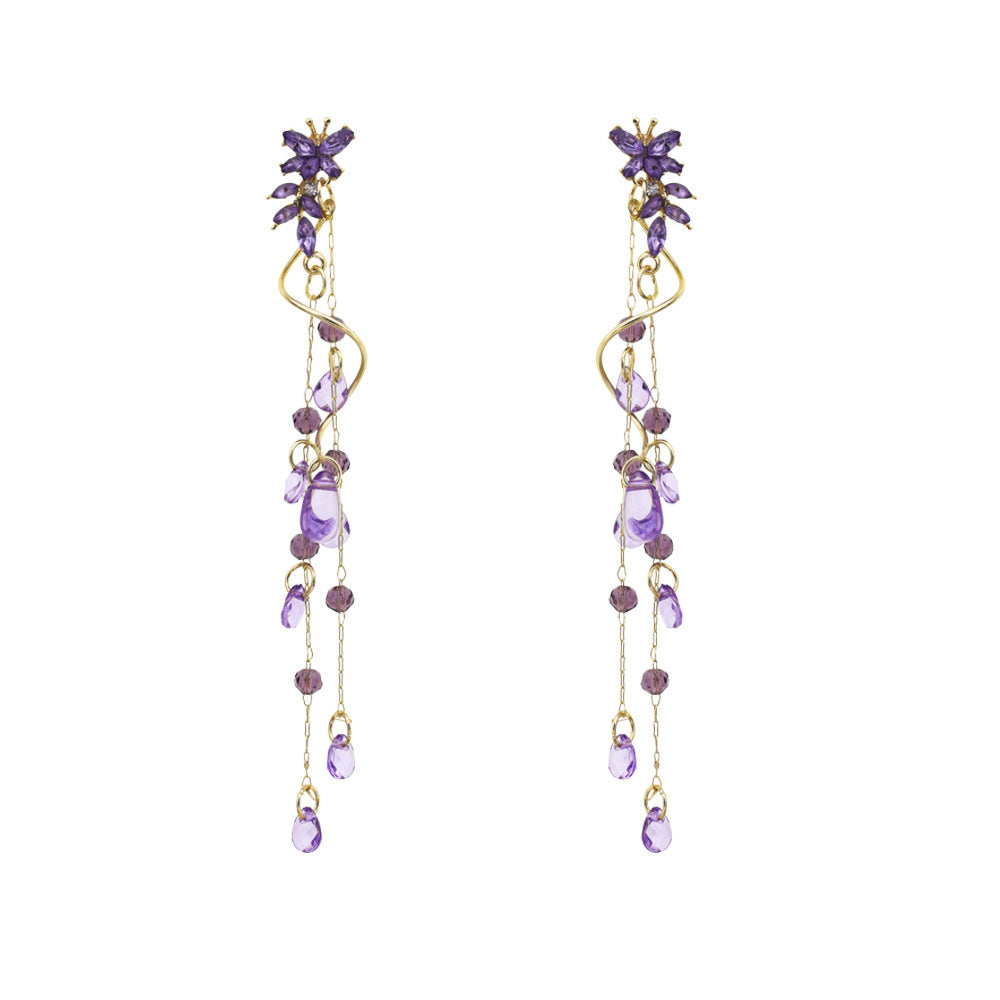 Diamond Butterfly Flower Pearl Graceful Fashionable Long Earrings
