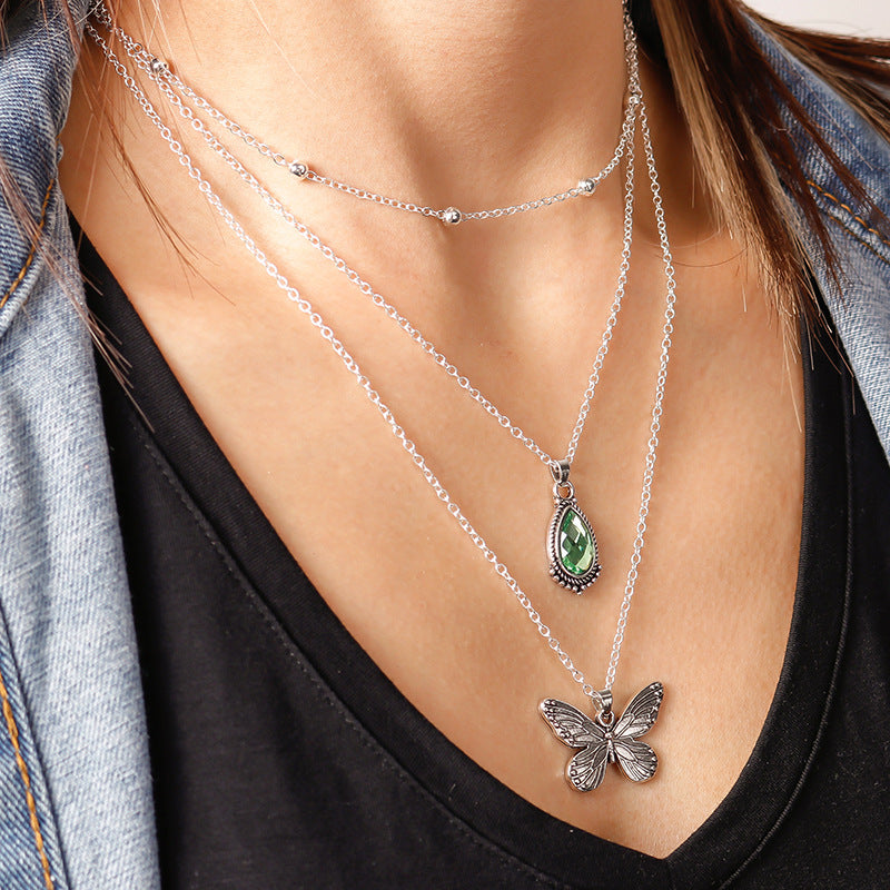 Drop-shaped Zircon Temperament Retro Creative Butterfly Necklace