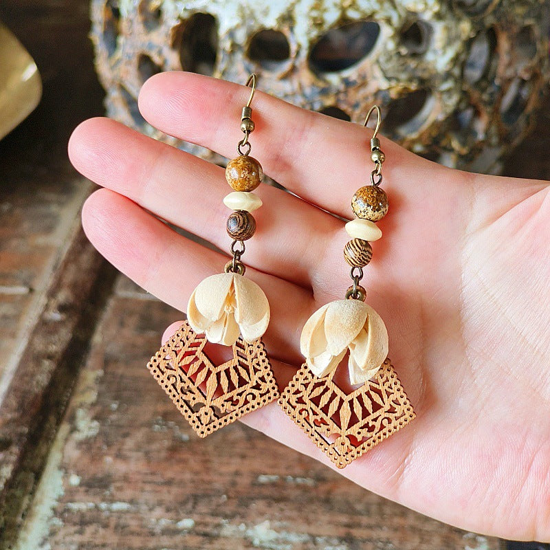 Style Retro Minority Mori Bohemian Indian Wandering Hollow Wood Grain Earrings