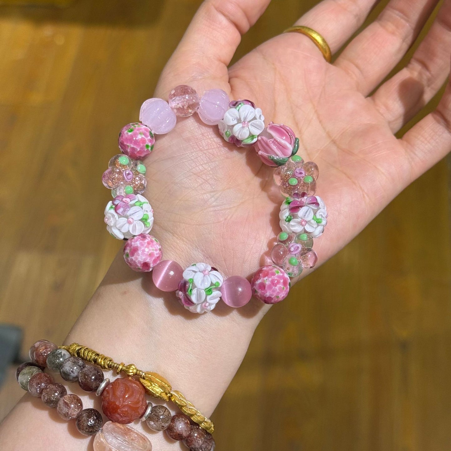 Embroidered Ball Glass Single With Pink Lotus Female Bracelet