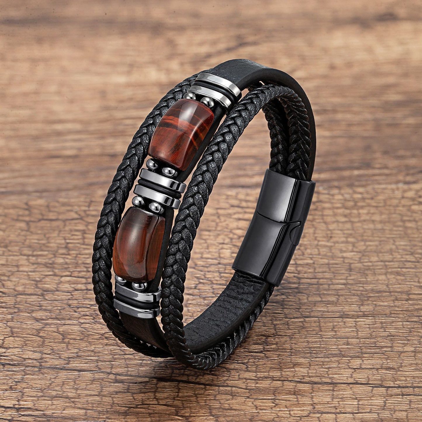 Men's Eye Leather Rope Stainless Steel Magnetic Buckle Bracelet