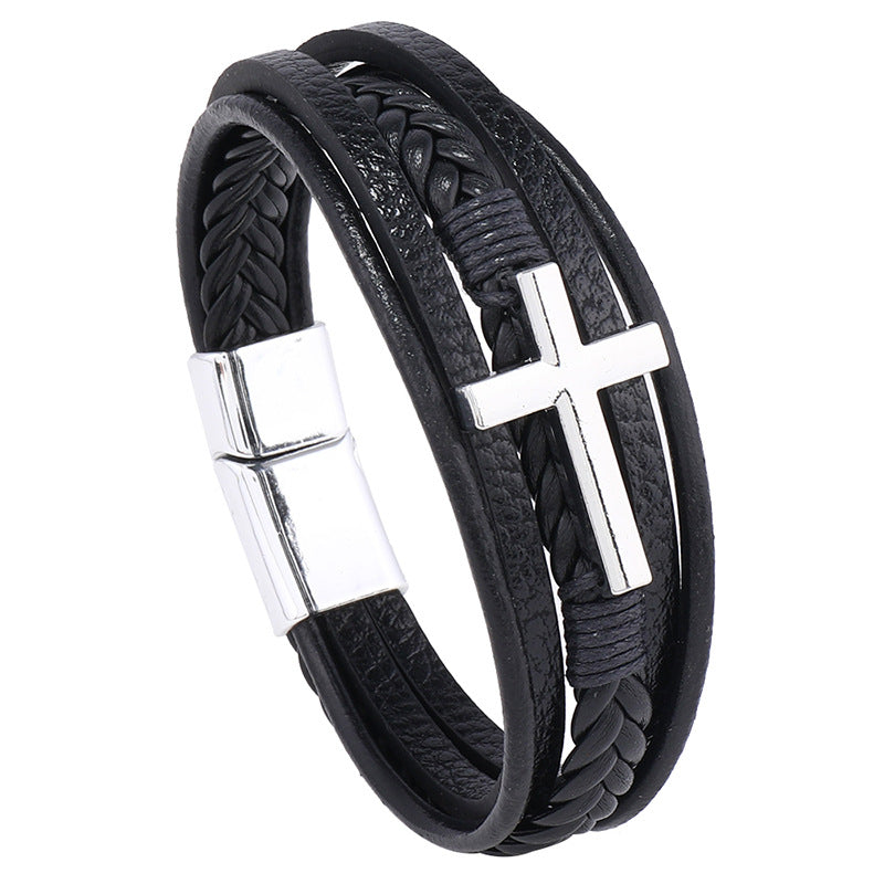 Men's Cross Leather Handmade Braided Rope Magnetic Bracelets