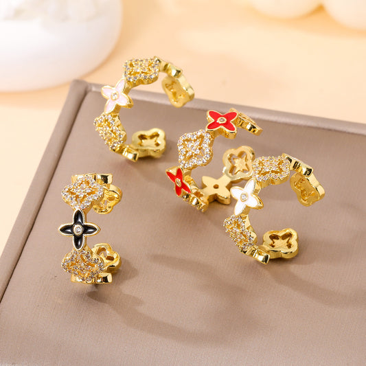 Dripping Full Diamond Lucky Four-leaf Clover Open Hollow Rings