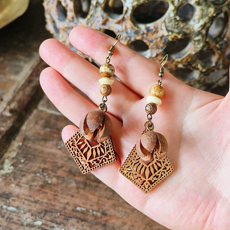 Style Retro Minority Mori Bohemian Indian Wandering Hollow Wood Grain Earrings