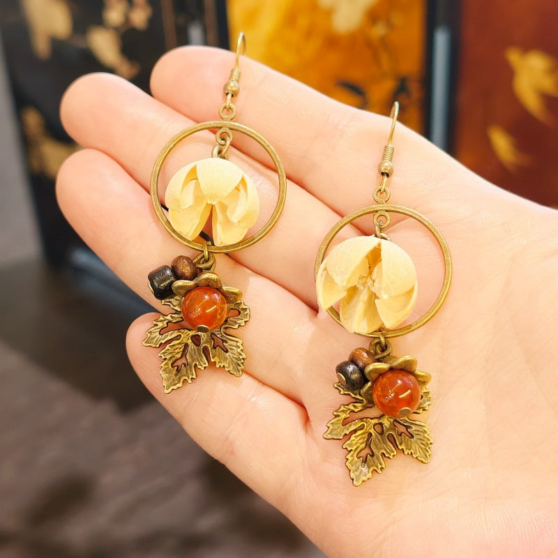 Palace Niche Exotic Plant Dried Fruit Maple Leaf Dangling Earrings