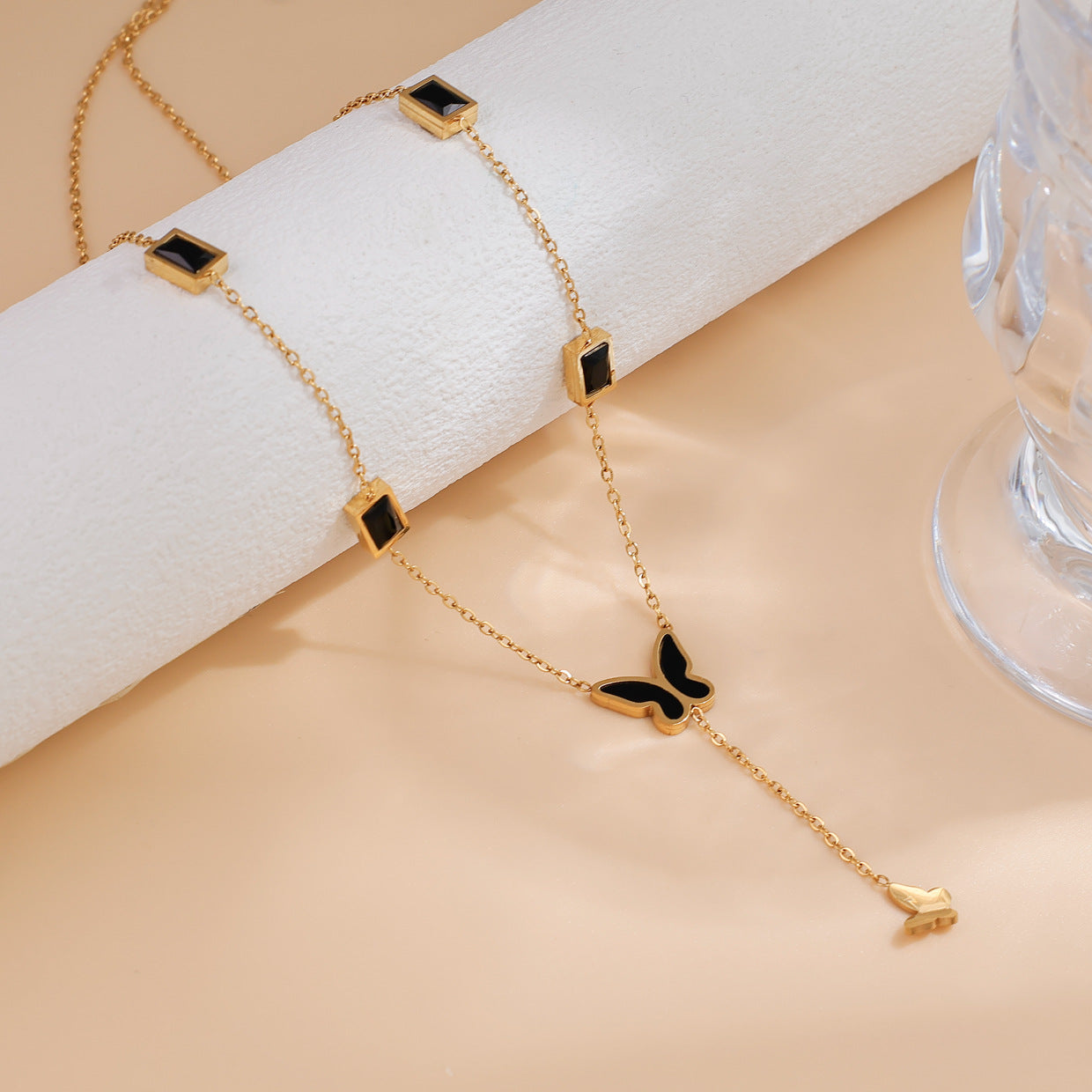 Women's Steel Black Butterfly Tassel Square Zircon Clavicle Necklace