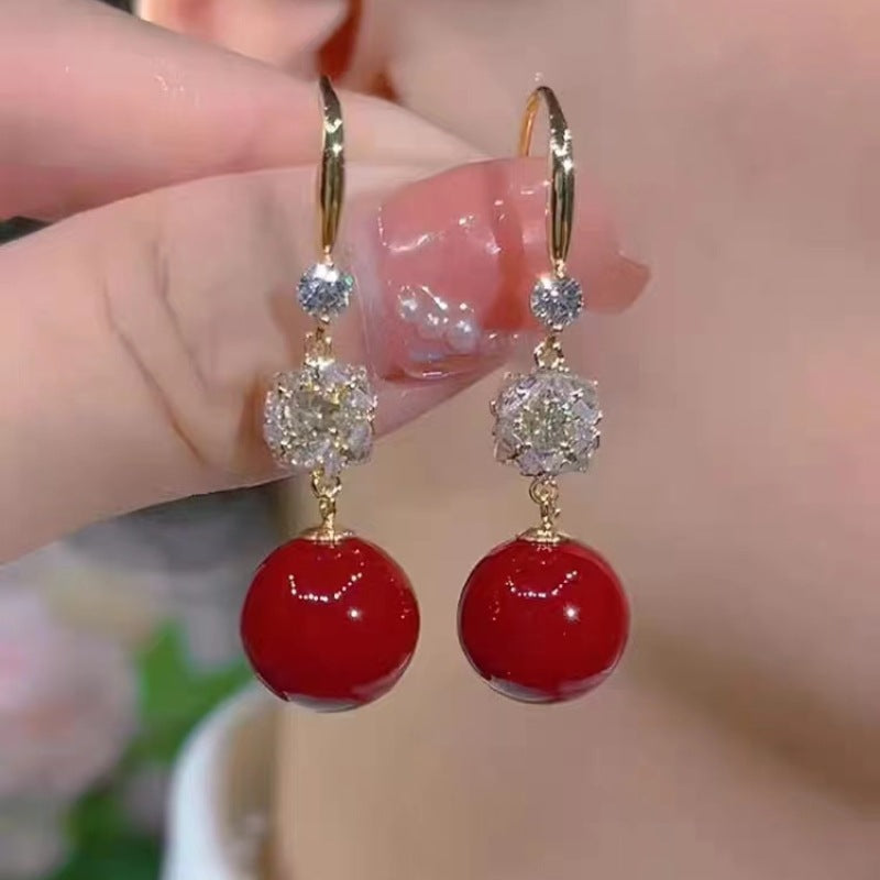 Women's Personalized Red Bean Inlaid Zircon Elegant Pearl Jequirity Earrings