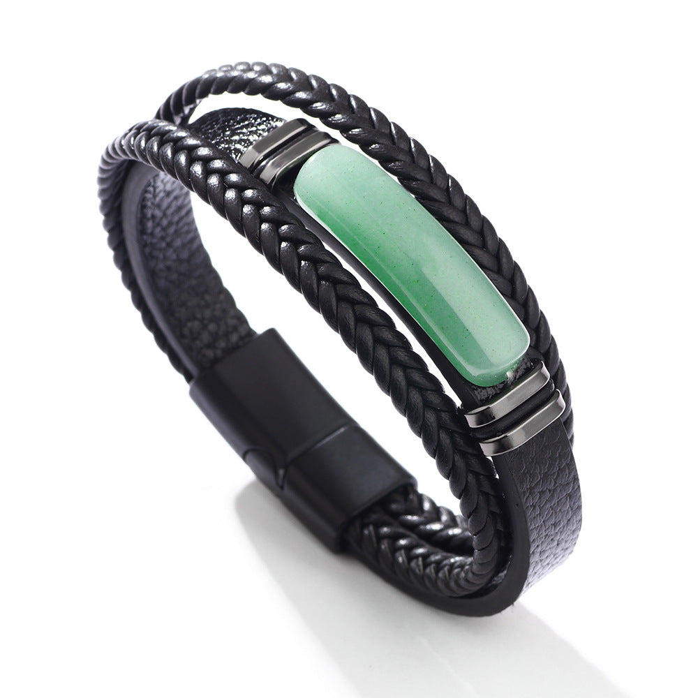 Men's Leather Green Aventurine Stone Hand-woven Stainless Bracelets