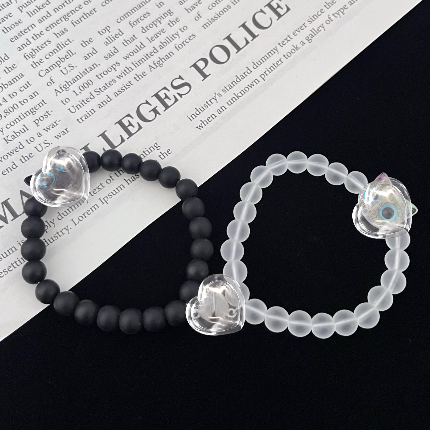 Black Frosted Micro Glass Bead Beaded Luminous Love Magnetic Buckle Bracelet