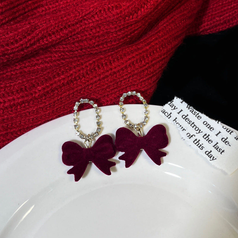 Women's Wine Red Flocking Bow French Retro Earrings