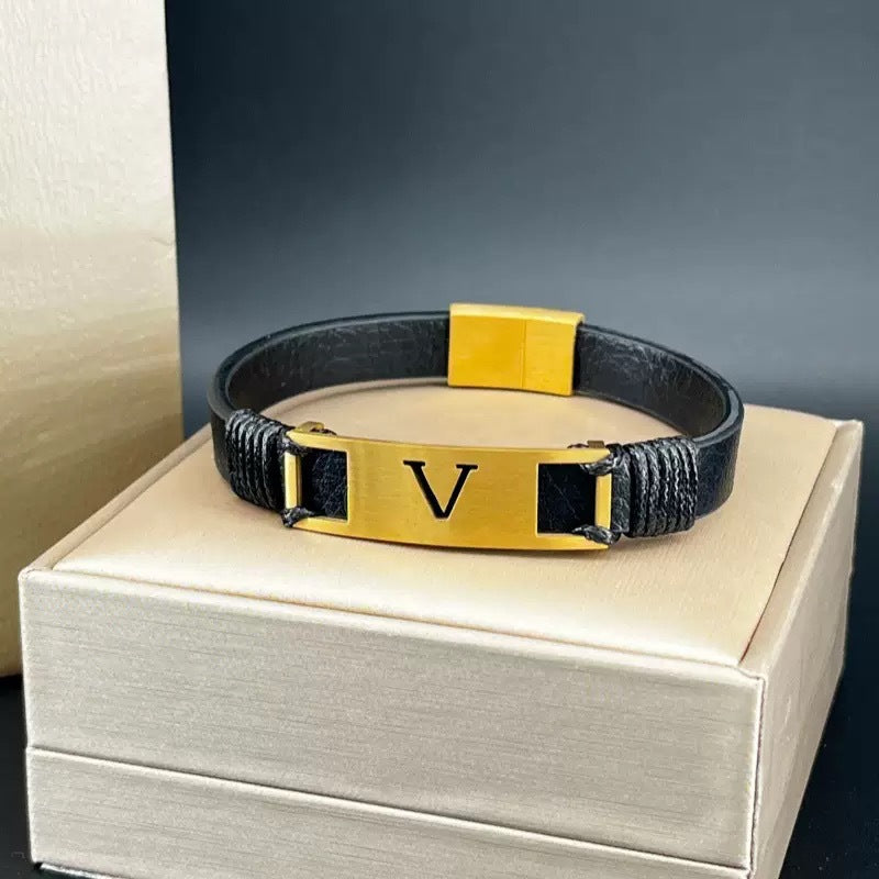 Women's & Men's Leather Wide V-shaped Buckle Affordable Luxury Fashion Couple Simple Bracelets