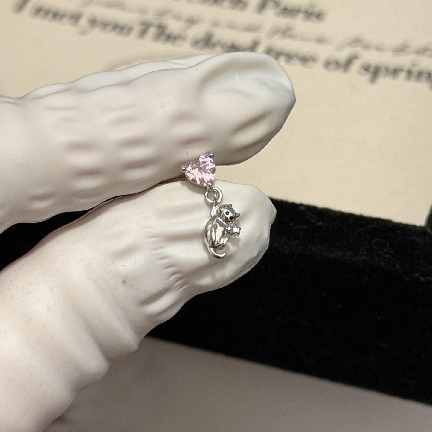 Cute Cat Heart Zircon Flat Bottom Titanium Stud Earrings