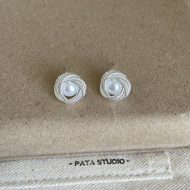 Women's French Winding Lace Rose Pearl Light Luxury High-grade Stud Earrings