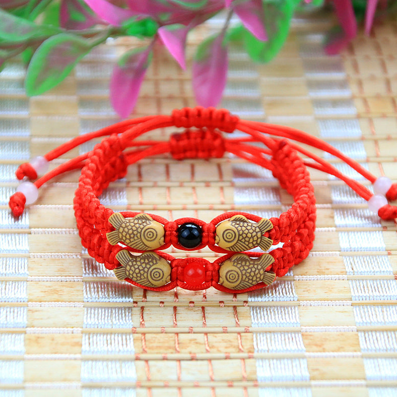 Women's & Men's Moon Peach Pit Woven Hand Strap Small Fish Red Rope Bracelet