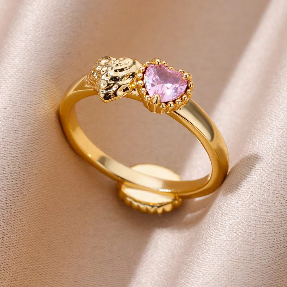 Women's Pink Loving Heart Zircon Gold-plated Starry Border Ring