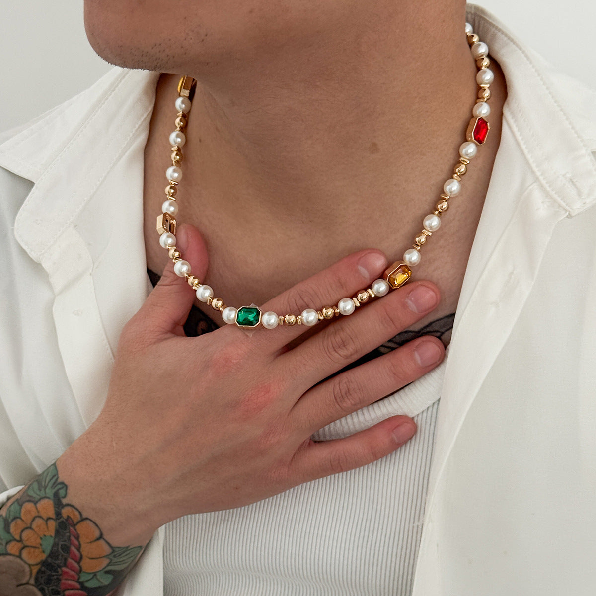 Men's Rhinestone Pearl Stitching Hip Hop High Necklace