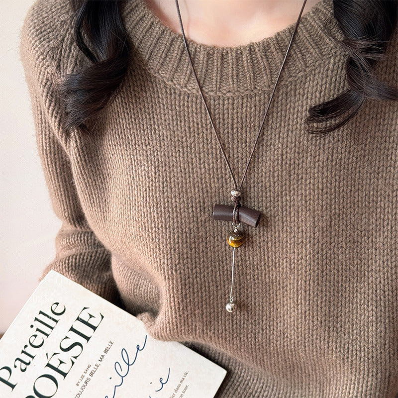 Women's Retro Tigereye Tassel Unique Niche Sweater Necklace