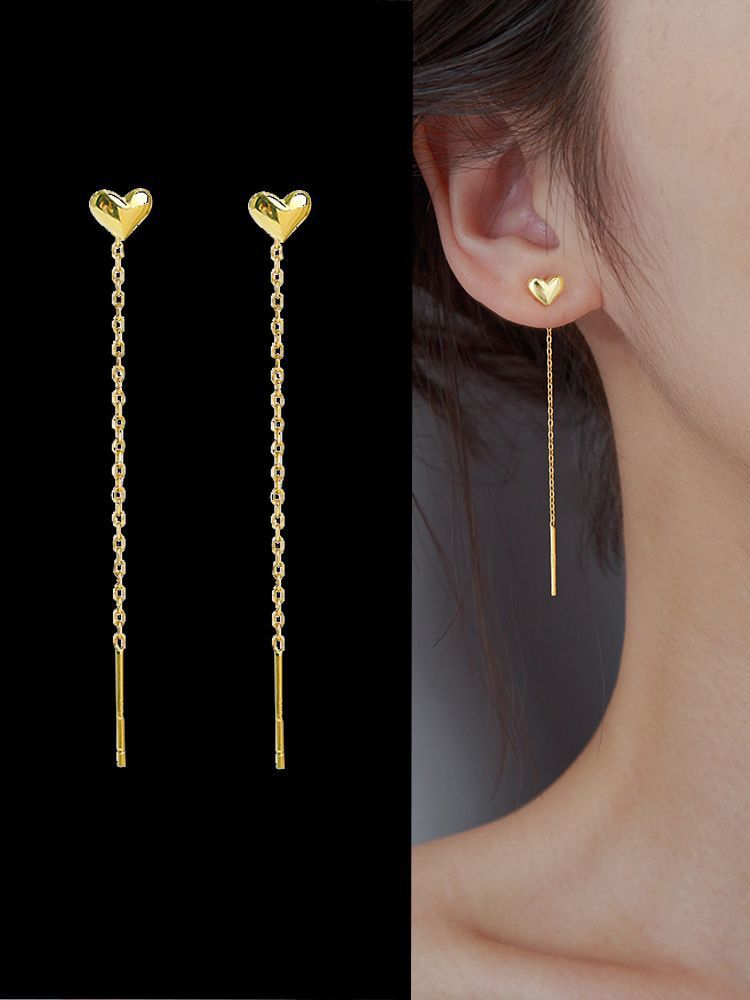 Women's Heart Gold Titanium Steel Long Elegant Trendy Face Ear Line