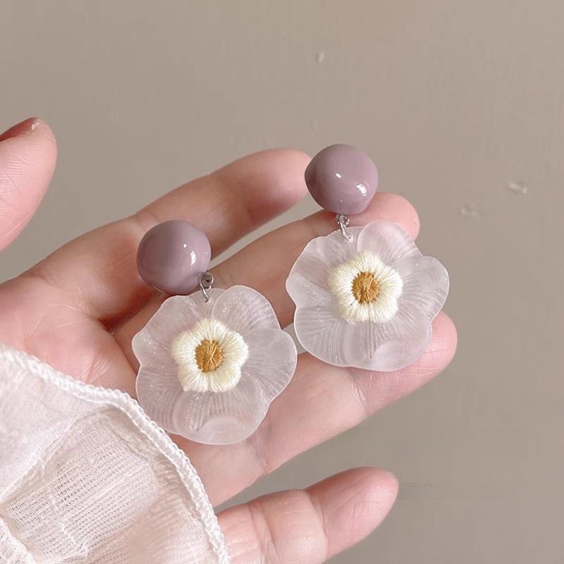 Women's Small Pink Flower Frosted Resin Knitted Oil Painting Style Earrings