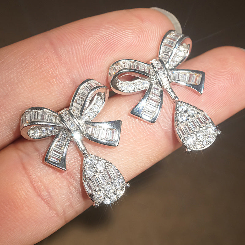 Lady Sweet Exquisite Bow Micro Inlaid Stud Earrings