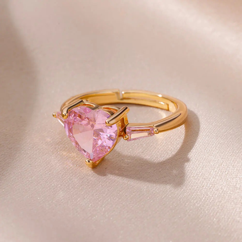 Women's Pink Loving Heart Zircon Gold-plated Starry Border Ring