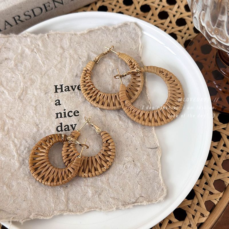 Women's Vacation Style Handmade Straw Woven Rattan For Seaside Graph Matching Earrings