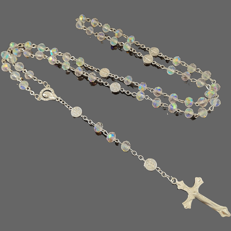 Crystal Cross Rosary Long Sweater Chain Necklace