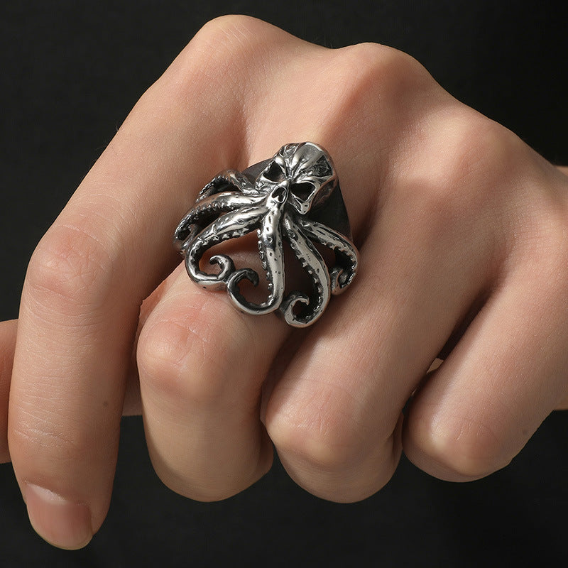 Men's Titanium Steel Personalized Retro Octopus Ruby Rings