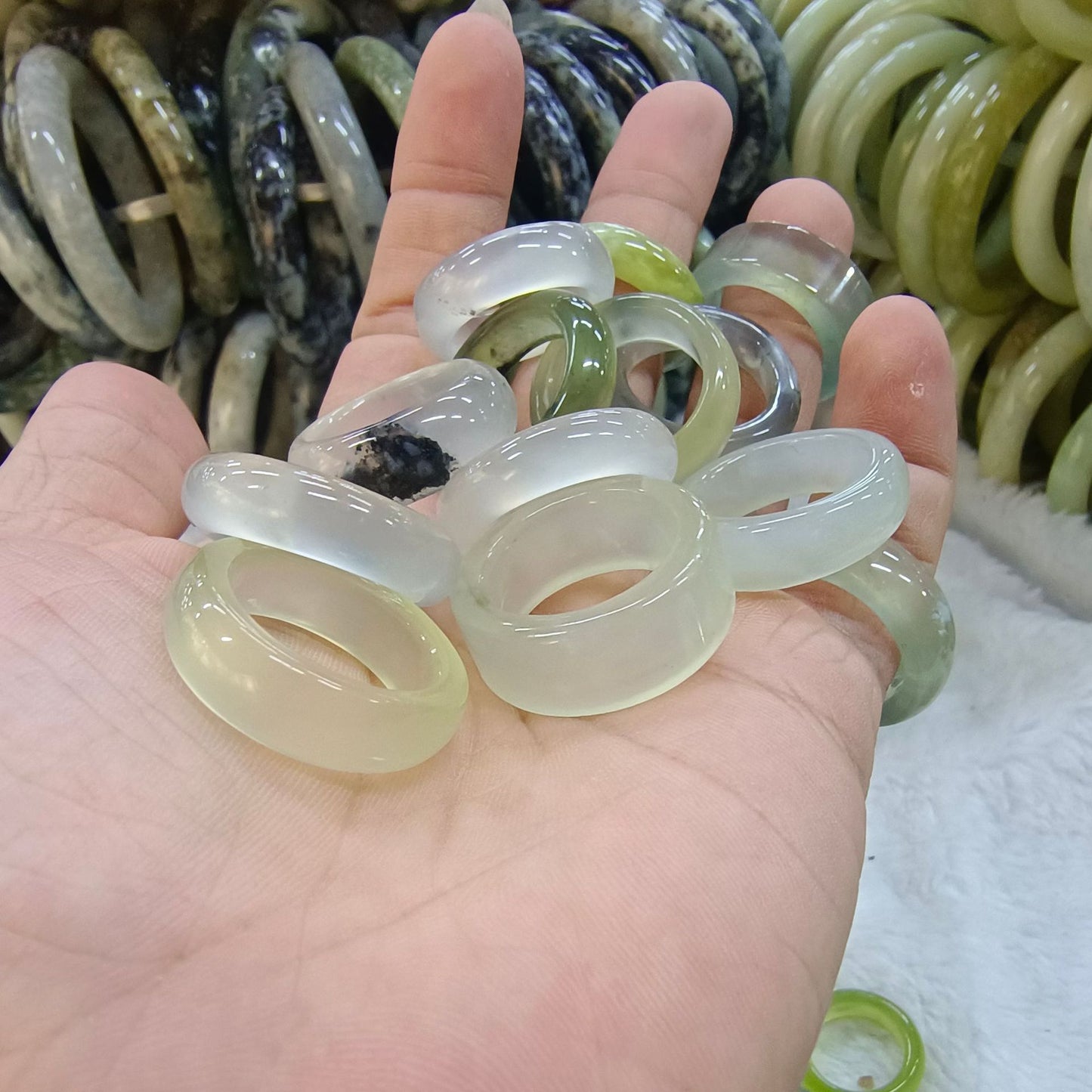 Women's & Men's Ink Painting Green White Ice Transparent Caliber Mixed Ring