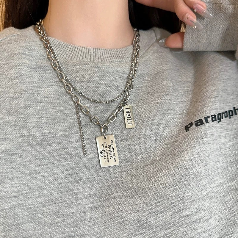 Women's & Men's English Square Plate Female Hip Hop Trend Long Sweater Chain Necklace