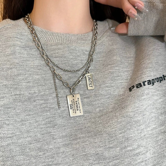 Women's & Men's English Square Plate Female Hip Hop Trend Long Sweater Chain Necklace