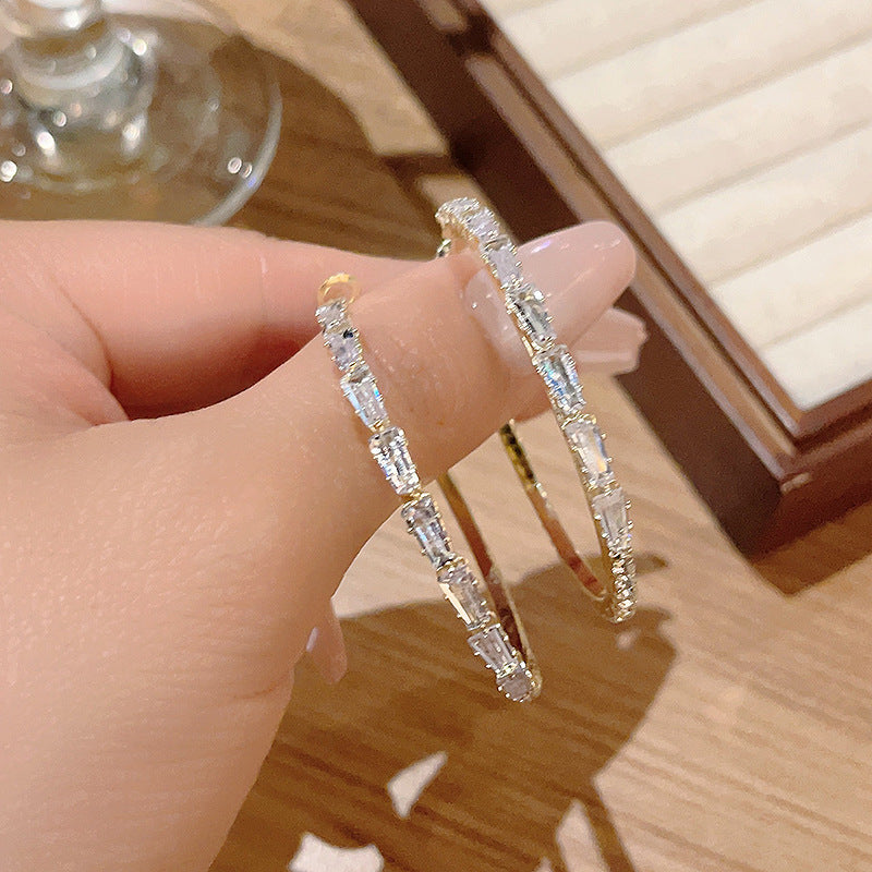 Sier Needle Zircon Elegant High Sense Full Diamond Big Circle Earrings