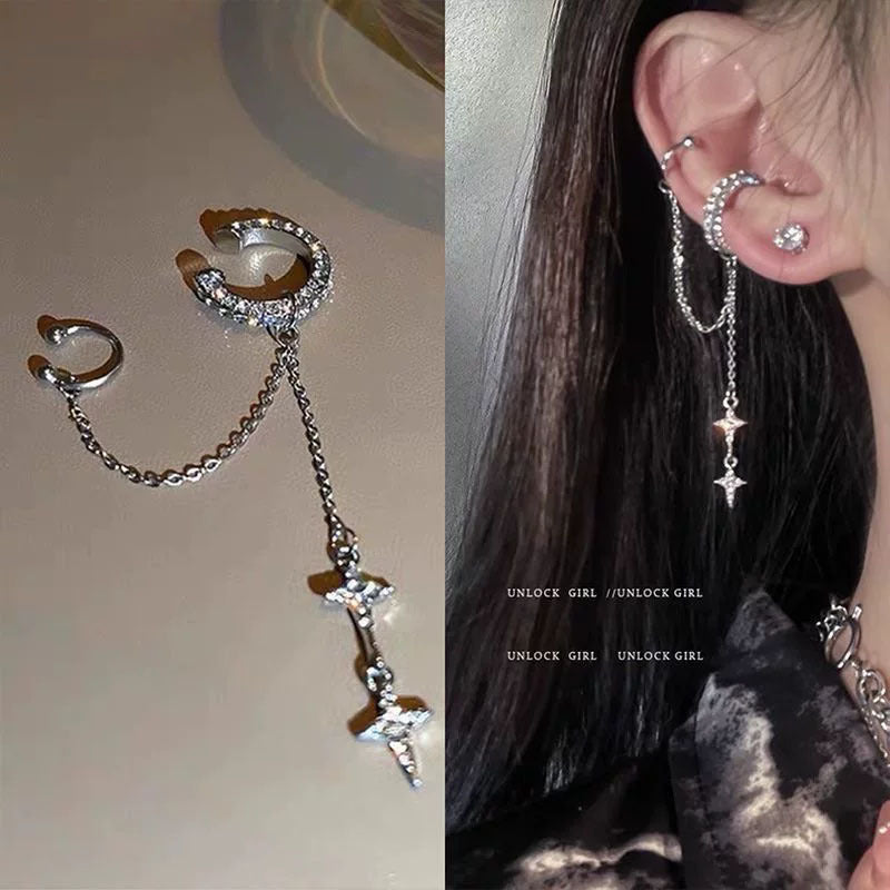 Women's Tassel Rhinestone Star Ear Clip One-piece Asymmetric Cold Style Earrings