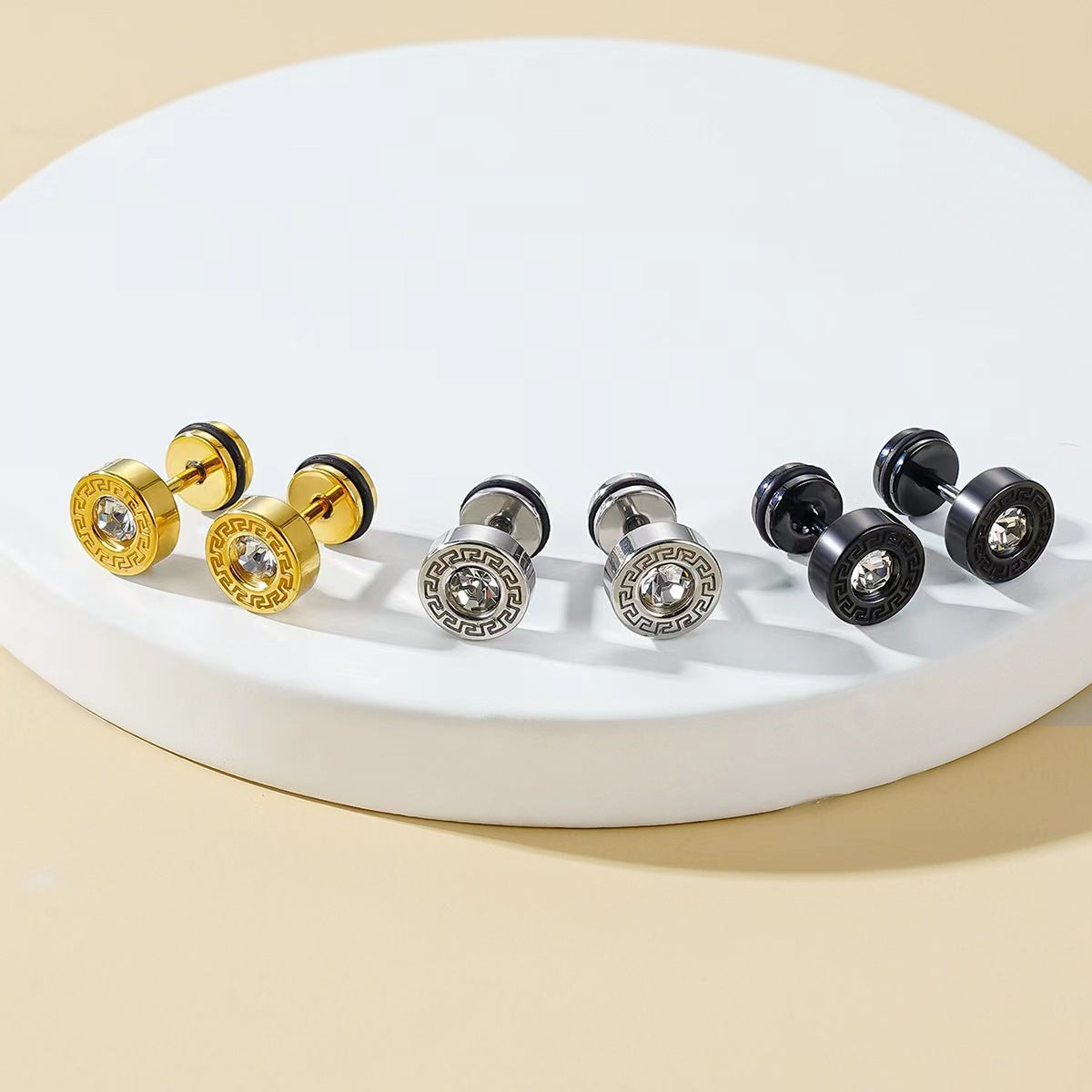 Vintage Disc Great Wall Pattern Diamond Round Titanium Steel Ear Stud Earrings