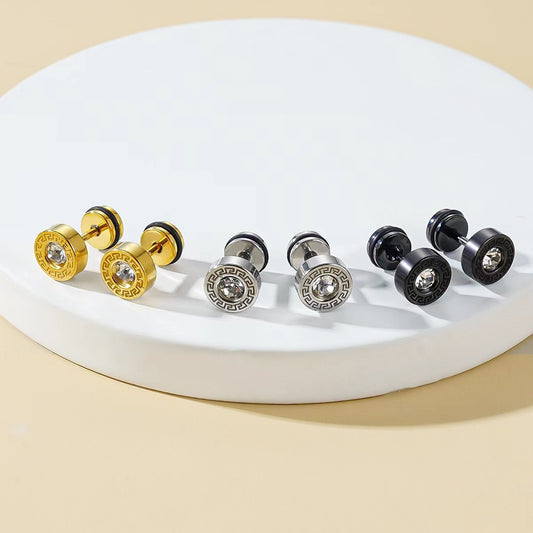 Vintage Disc Great Wall Pattern Diamond Round Titanium Steel Ear Stud Earrings